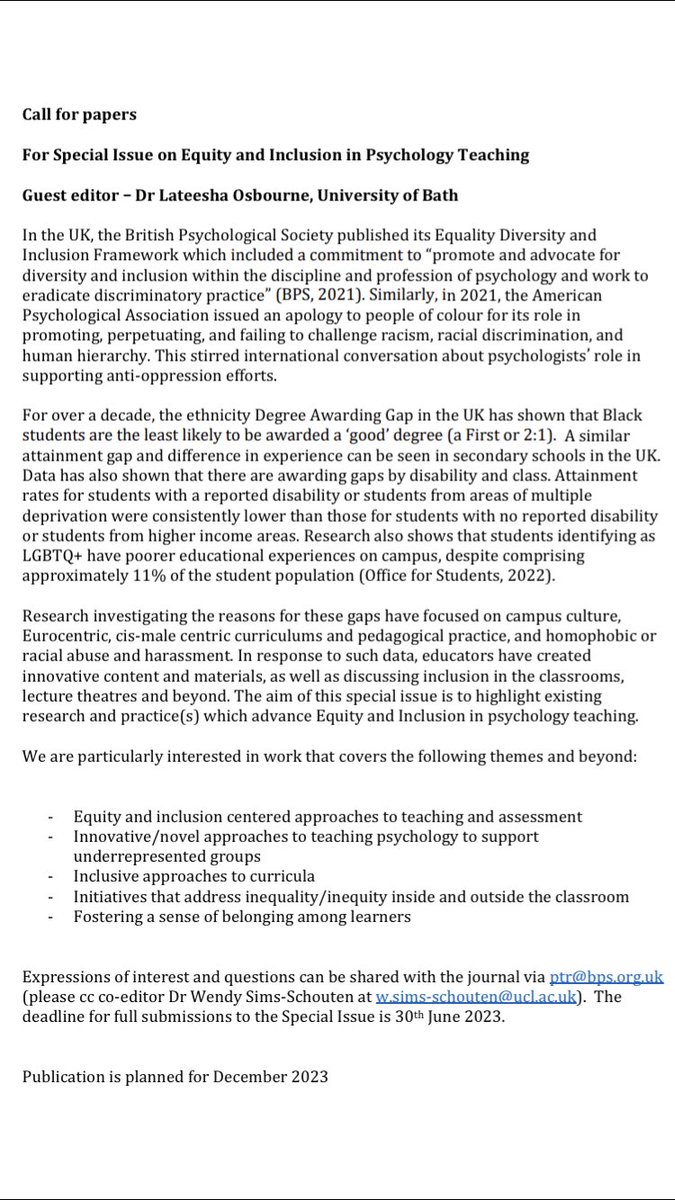 Special issue alert: Call for papers on ‘Equity and Inclusion in Psychology Teaching’ for ‘Psychology Teaching Review’ published by <a href="/BPS_DARTP/">BPS DART-P</a> <a href="/BPSOfficial/">British Psychological Society</a> Guest edited by <a href="/LTeesha/">Dr Lateesha</a> <a href="/BPS_PES/">BPS_PES</a> <a href="/BPSDevSection/">BPS Developmental</a> <a href="/BPSCognitive/">BPSCognitive</a> <a href="/socialpsychUK/">BPS Social Psychology Section</a> <a href="/NTF_Tweet/">NTF Tweet</a> <a href="/APA/">American Psychological Association</a> <a href="/psychmag/">The Psychologist</a> <a href="/RitPoSE/">Research in the Psychology of Student Education</a> pls retweet
