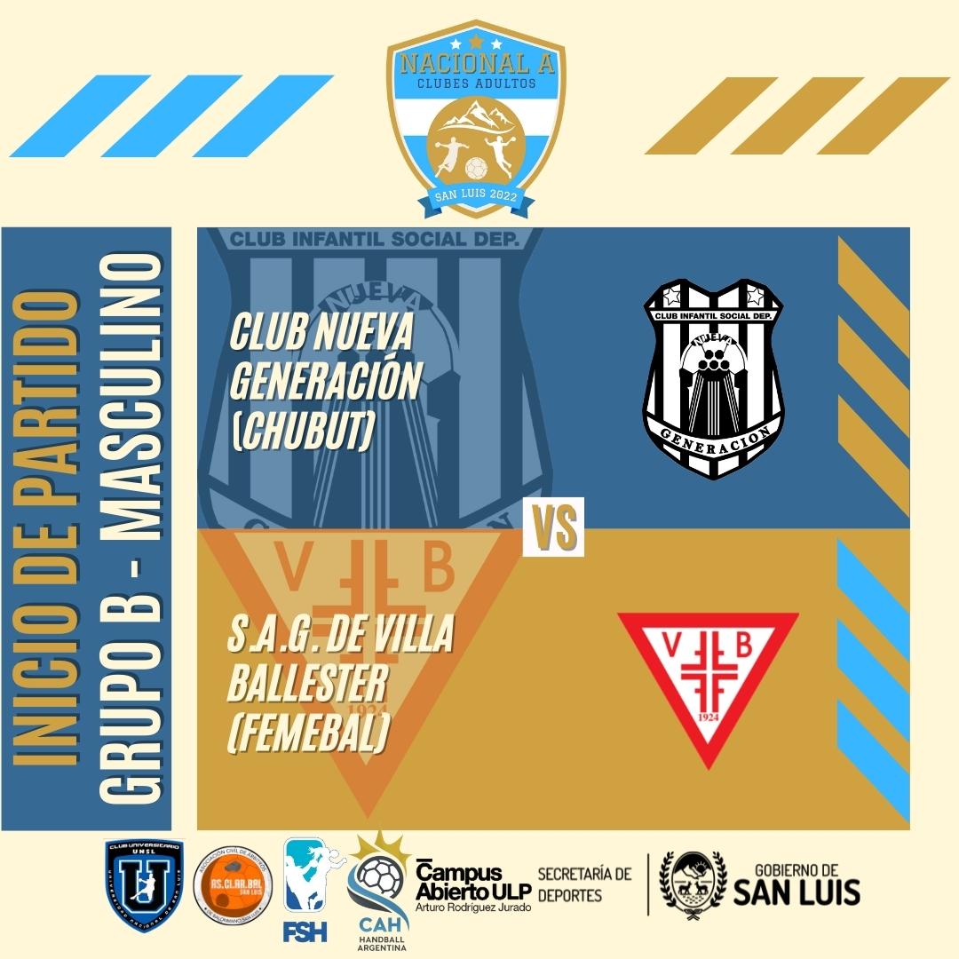 “Nacional A” Clubes Adultos:
Grupo B Masculino
Club Nueva Generación (Chubut) vs S.A.G. de Villa Ballester (FEMEBAL)
INICIO DE PARTIDO

Transmisión en vivo en youtube.com/@handball.arge…
@Lanuevahandball
<a href="/lanuevacr/">Nueva Generacion CR</a>

<a href="/sagvbhandball/">SAGVB Handball</a>
<a href="/sagvbhandball/">SAGVB Handball</a>