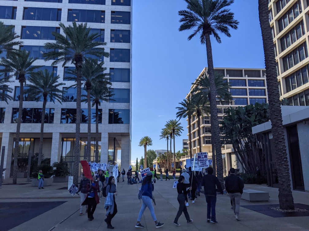 UC Irvine workers are out here picketing at the Irvine Company to call on Donald Bren, one of UC's biggest donors and benefactors, to make sure <a href="/UofCalifornia/">University of California</a> agrees to fair contracts. #UAWonStrike