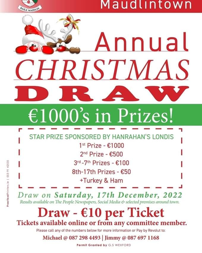 OfficialMaudGFC's tweet photo. The club will be at Londis The Faythe on Friday and Saturday for those of you who would like to enter the club Christmas Draw which takes place on Saturday 17th December. One can also enter through the following link also. Entry is €10. Go raibh maith agaibh. https://t.co/e60Qg1IvYY