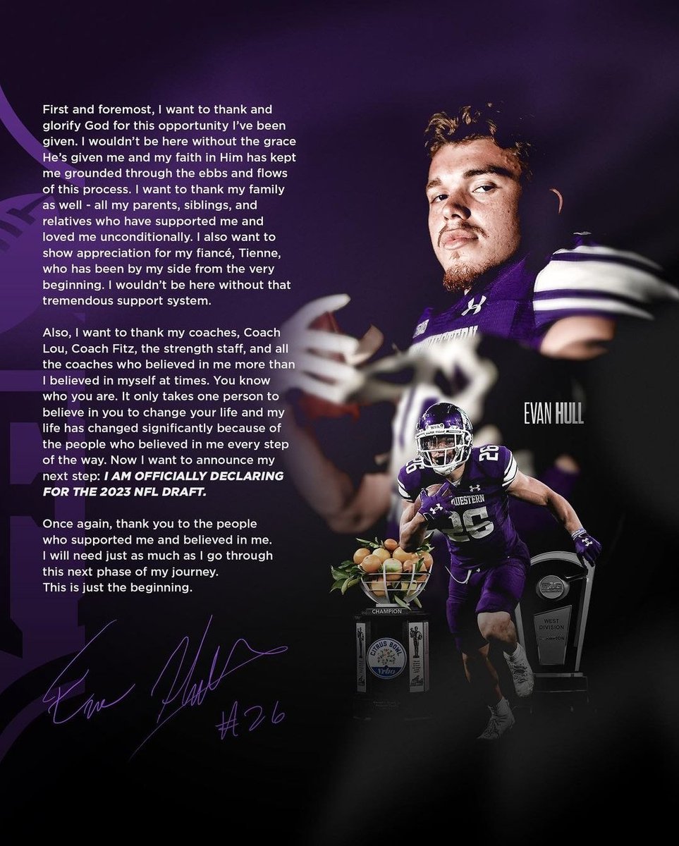BREAKING: Northwestern running back Evan Hull makes it official, declaring for the 2023 NFL Draft, per his Instagram. Wishing all the best to No. 26, whose presence in purple and white will certainly be missed.