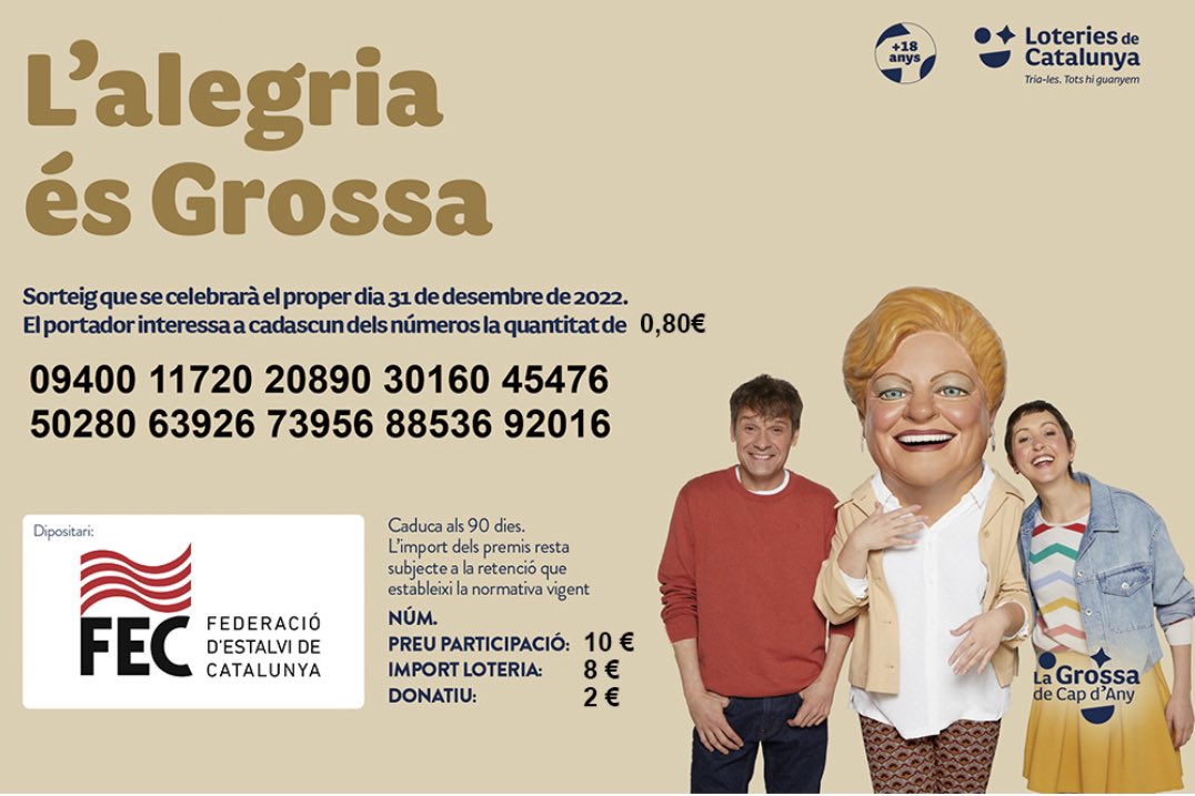 Us convido a jugar a La Grossa de la Federació d’Estalvi de Catalunya <a href="/FEC_CAT/">Federació d'Estalvi de Catalunya (FEC)</a>.
Ni que sigui per combatre el costum -persistent i incomprensible- de molts catalans de jugar a la “Lotería Nacional EspaÑola”.
fec.cat/loteria/