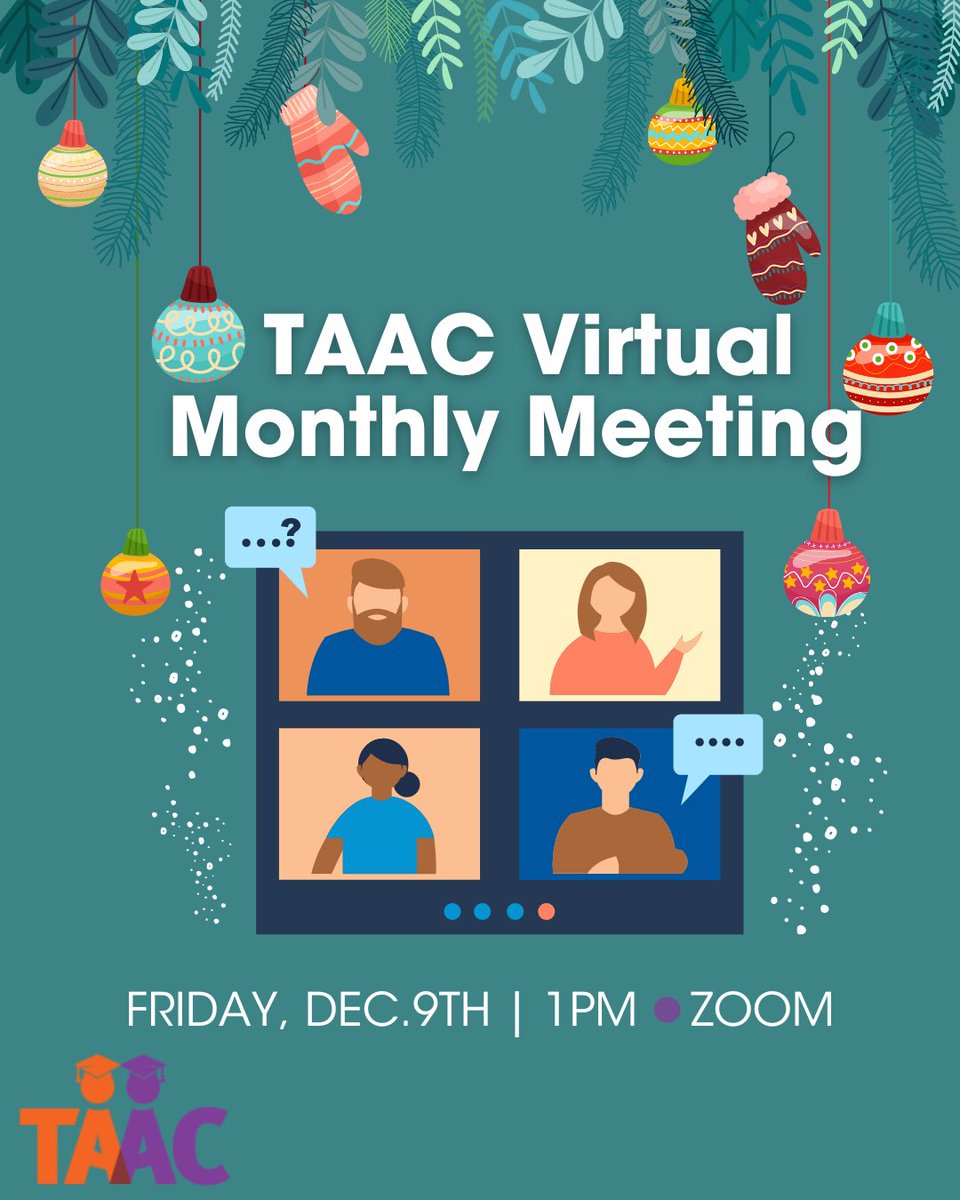 Happy December TAAC! 

We hope Fall Travel is winding down nicely for you! Our monthly meeting for December is THIS FRIDAY December 9th at 1pm via zoom.  

We hope to see you then! us02web.zoom.us/j/86068334699?…