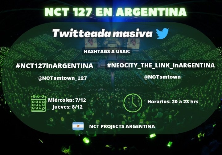 NCTprojectsARG's tweet photo. ¡NCTzens de argentina, es momento de hacernos notar! 

A partir de hoy a las 20:00 vamos a estar utilizando los siguientes hashtags: 

#NCT127inARGENTINA #NEOCITY_THE_LINK_inARGENTINA 

para pedir por NCT 127 en nuestro país. haremos distintas dinámicas y juegos para divertirnos https://t.co/yU0IQZktEu