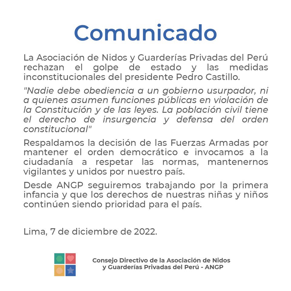 AngpPeru's tweet photo. Desde #ANGP expresamos nuestro rechazo e instamos a toda las #organizaciones #sociedadcivil y #academia a estar vigilantes por el orden constitucional de nuestro país 🇵🇪 Gracias al las Fuerzas Armadas, @PoliciaPeru @FiscaliaPeru
#NoAlGolpeDeEstado https://t.co/SG1IHHoaUF
