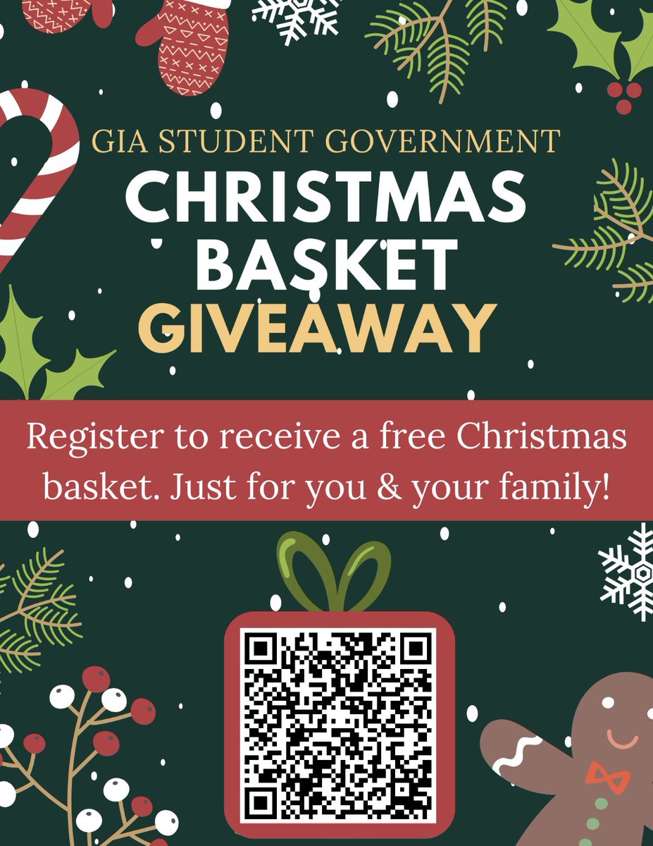 We’re back at it! Your <a href="/GlobalImpactAc1/">Global Impact Academy</a> Student Government Association #globalleaders are giving away Christmas Baskets just in time to make this Christmas dinner the best one ever! Scan this QR code to register - Limited Baskets Available 🎄