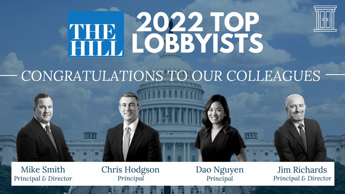 CGAGroup's tweet photo. Congratulations to Cornerstone colleagues Mike Smith, Chris Hodgson, @daomination and @jrichards110 for making @TheHill’s Top Lobbyists 2022 list! https://t.co/PgAkl2nTIV https://t.co/aP2vSjAZST
