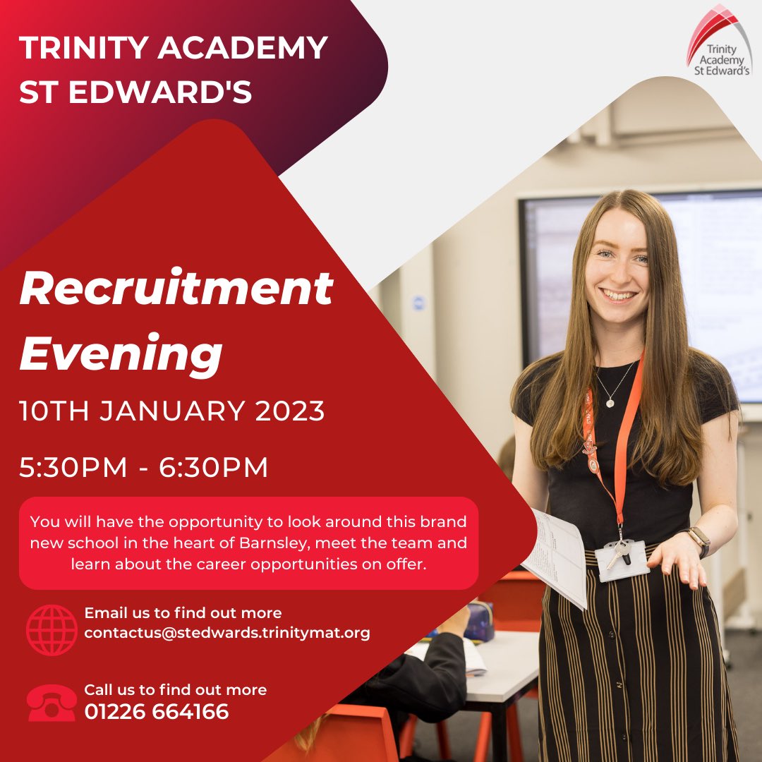 New roles advertised soon at <a href="/TrinityAcadStE/">Trinity Academy St Edward’s</a> - please come and join us at our Recruitment Evening for more info. A life changing decision to come and join #teamtrinity