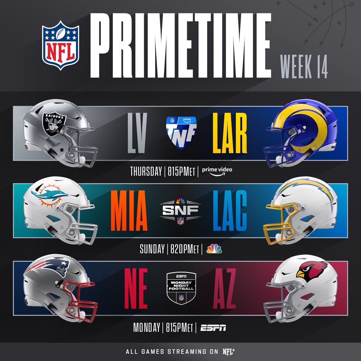 NFL on X: 'A fresh slate of Primetime games for Week 14! 