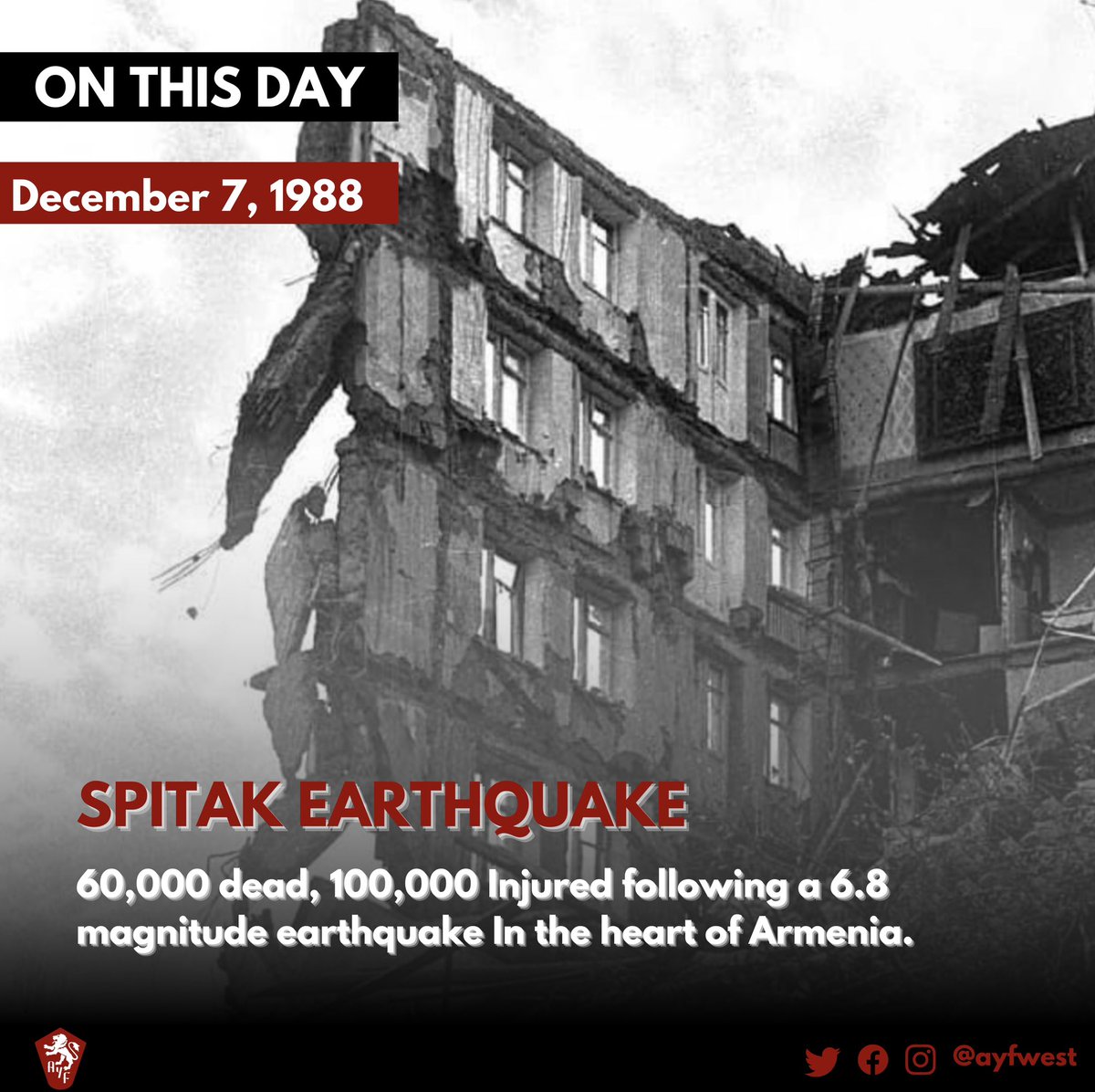 ayfwest's tweet photo. 34 years ago on this day, the people of Gyumri, Spitak, Medz Mantash and other surrounding villages fell victim to a 6.8 magnitude earthquake. 1/5 https://t.co/timCXoVheC