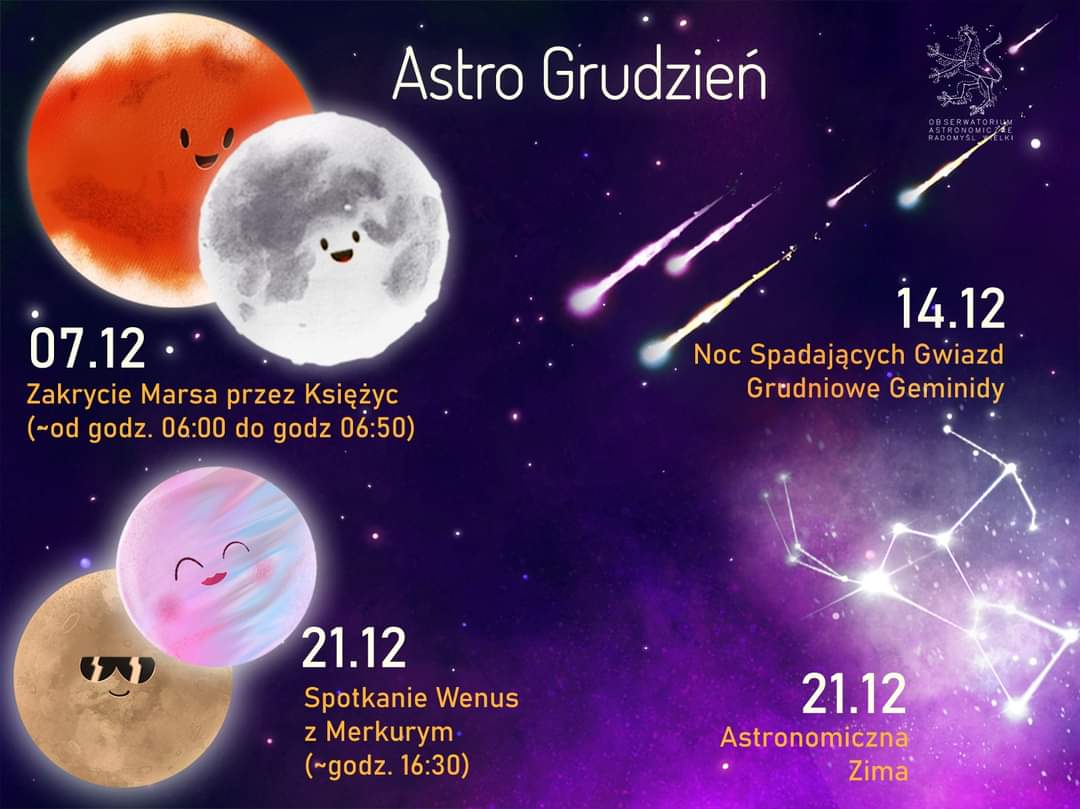 AstroWielki's tweet photo. An occultation of #Mars by the #Moon, the #Geminid meteor shower, a conjunction of #Venus and #Mercury, and the beginning of astronomical winter to characterize this month's night sky.

#AstroNight
#patrzewgwiazdy https://t.co/S8XoJvqrYL