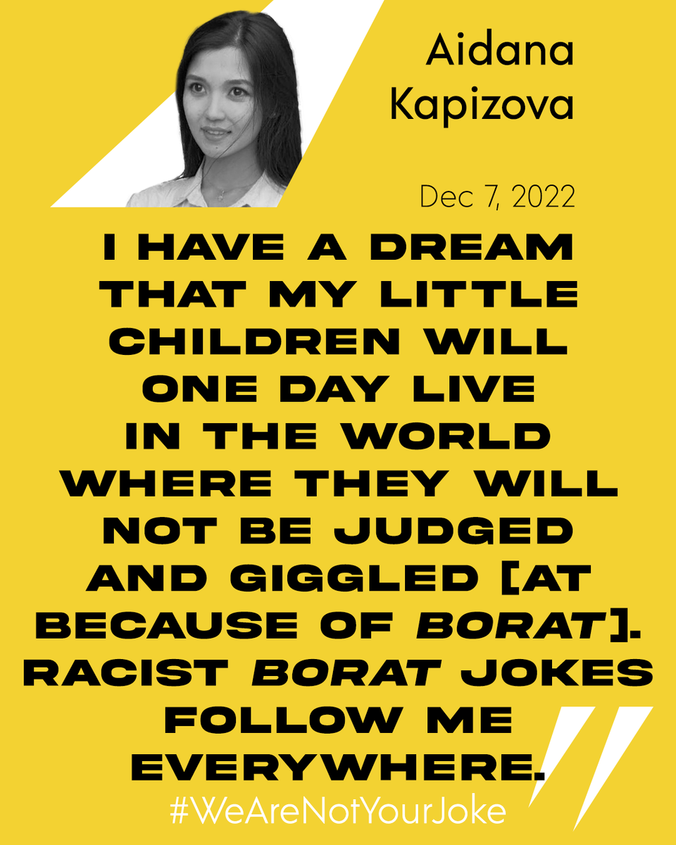 WereNotYourJoke's tweet photo. As @SachaBaronCohen's humor is weaponized by racists &amp; sexists, #Kazakh women bear the brunt of #Borat jokes. While claiming to expose bigots, Cohen also empowers them to ridicule &amp; attack women of color.

#WeAreNotYourJoke #CancelBorat #StopHateForProfit #StandAgainstHatred https://t.co/az7G6kmBEi
