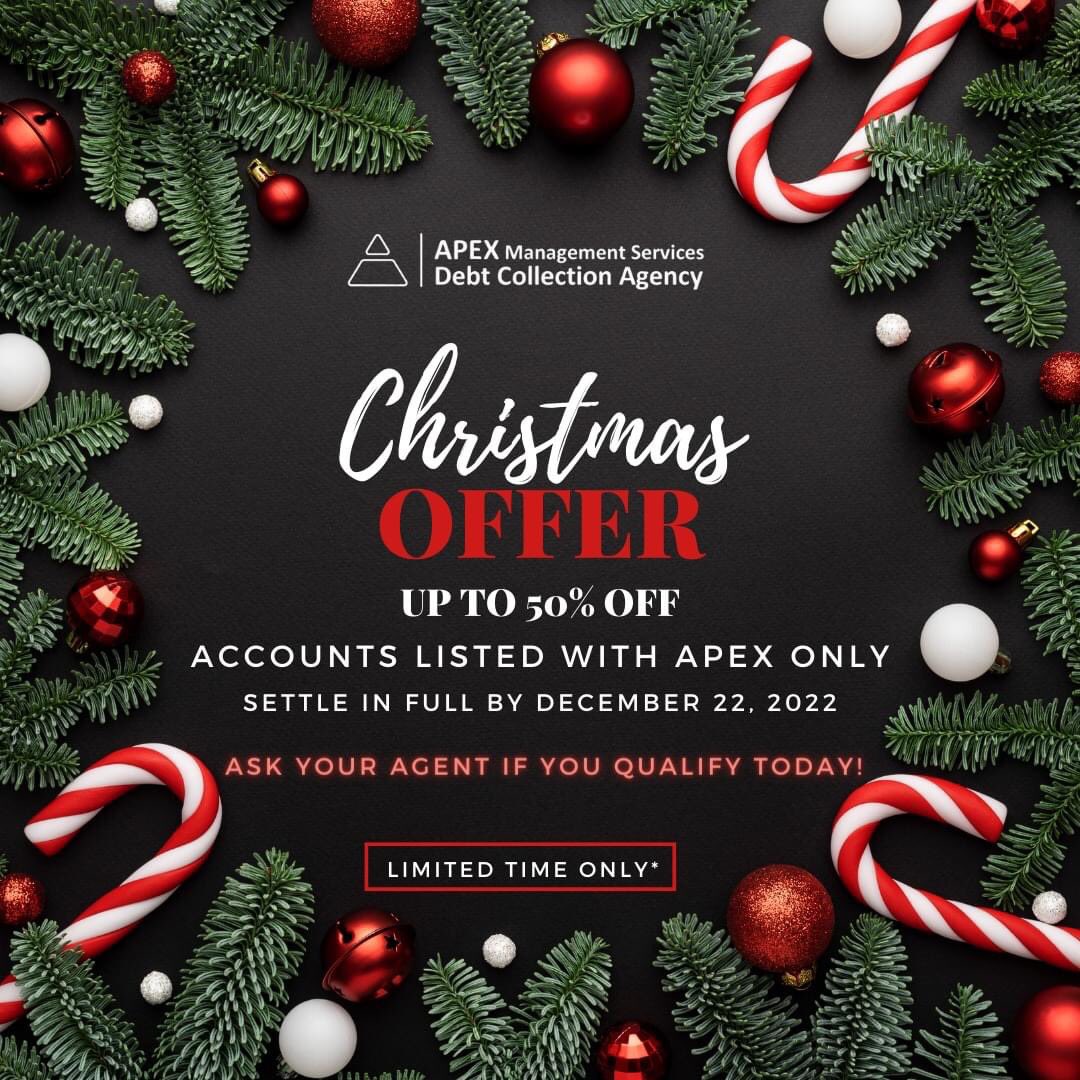 ApexBahamas's tweet photo. Call us at 328-8301 today!

#debtcollectionagency #legaldebtrecovery #apexmanagement #apexbahamas
#alwayspursuingexcellence  #happyholidays #consumerdebtrecovery #creditproblems #discount #corpoatedebtrecovery #bahamas #christmasoffer #LimitedTimeOnly https://t.co/S7ZSy18Rbl