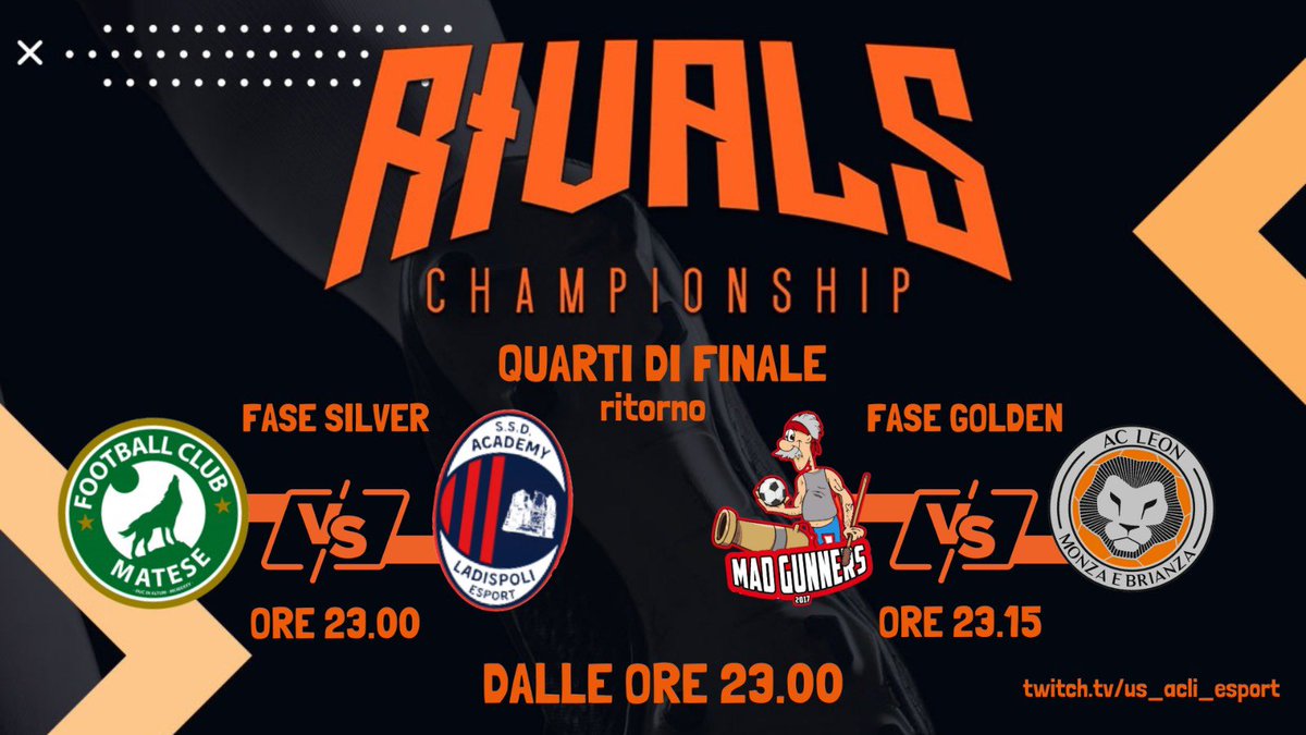 Esport Us Acli (@us_acli) on Twitter photo Stasera dalle 23 ritorno dei quarti di finale di RIVALS CHAMPIONSHIP USACLI
In diretta
MATESE FC - LADISPOLI ESPORT
MAD GUNNERS - LEON ESPORT
Non mancate ๐ช๐ช๐ช
<a href="/RTAllProClub/">RETWEET ALL PROCLUB</a> <a href="/NewsProclub/">News Proclub</a> <a href="/ZoOmProClub1/">ZoOmProClub</a> @Poseidonleague <a href="/Fittingspro/">Fittings</a> <a href="/Gunners_Mad/">MAD GUNNERS PRO CLUB PS5</a> <a href="/TEAMLIONpro/">LEON ESPORTS official team AC LEON MONZA & BRIANZA</a> <a href="/LadispoliUs/">Ladispoli eSports</a> Stasera dalle 23 ritorno dei quarti di finale di RIVALS CHAMPIONSHIP USACLI
In diretta
MATESE FC - LADISPOLI ESPORT
MAD GUNNERS - LEON ESPORT
Non mancate ๐ช๐ช๐ช
<a href="/RTAllProClub/">RETWEET ALL PROCLUB</a> <a href="/NewsProclub/">News Proclub</a> <a href="/ZoOmProClub1/">ZoOmProClub</a> @Poseidonleague <a href="/Fittingspro/">Fittings</a> <a href="/Gunners_Mad/">MAD GUNNERS PRO CLUB PS5</a> <a href="/TEAMLIONpro/">LEON ESPORTS official team AC LEON MONZA & BRIANZA</a> <a href="/LadispoliUs/">Ladispoli eSports</a>