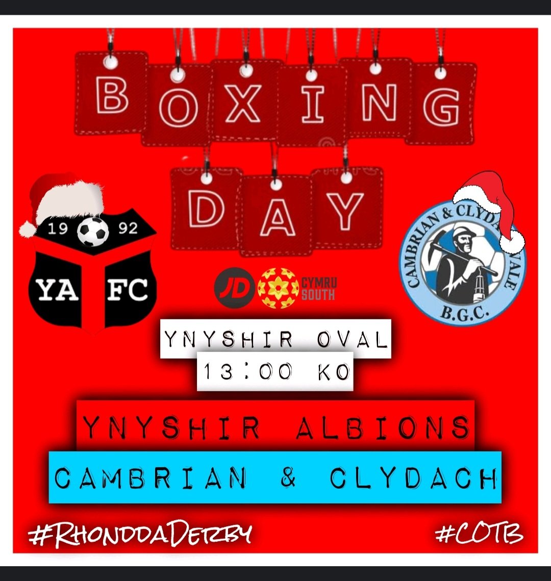 𝗕𝗢𝗫𝗜𝗡𝗚 𝗗𝗔𝗬 - 𝗥𝗛𝗢𝗡𝗗𝗗𝗔 𝗗𝗘𝗥𝗕𝗬 🔴⚫️⚪️🔵

𝗕𝗼𝘅𝗶𝗻𝗴 𝗗𝗮𝘆
JD Cymru South
<a href="/YAFCthebuns/">Ynyshir Albions FC</a> v @CambrianBgc
Ynyshir Oval
13:00 KO

3 games away but this is a game we need to promote as we'll be welcoming our neighbours Cambrian to Ynyshir Oval on 𝗕𝗼𝘅𝗶𝗻𝗴 𝗗𝗮𝘆