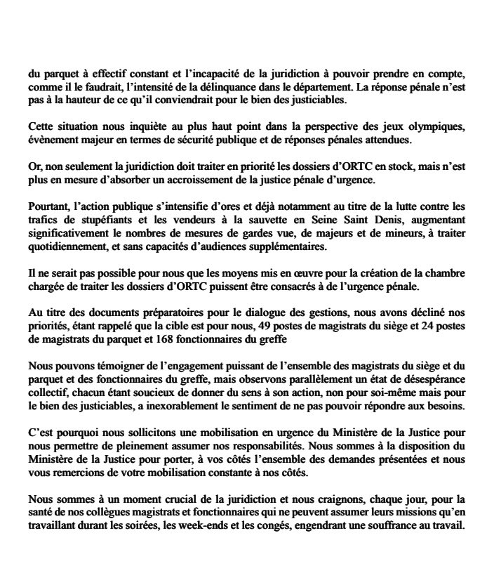 [Actu] 🙏🏻🙏🏻🙏🏻 aux chefs de juridiction de Bobigny de dire clairement que la justice va sombrer 🏴‍☠️sous le poids du quotidien (réformes sans moyens, sous investissement) ou d’événements exceptionnels comme les JO … maintenant ? On continue à toute vapeur ? 🛳️