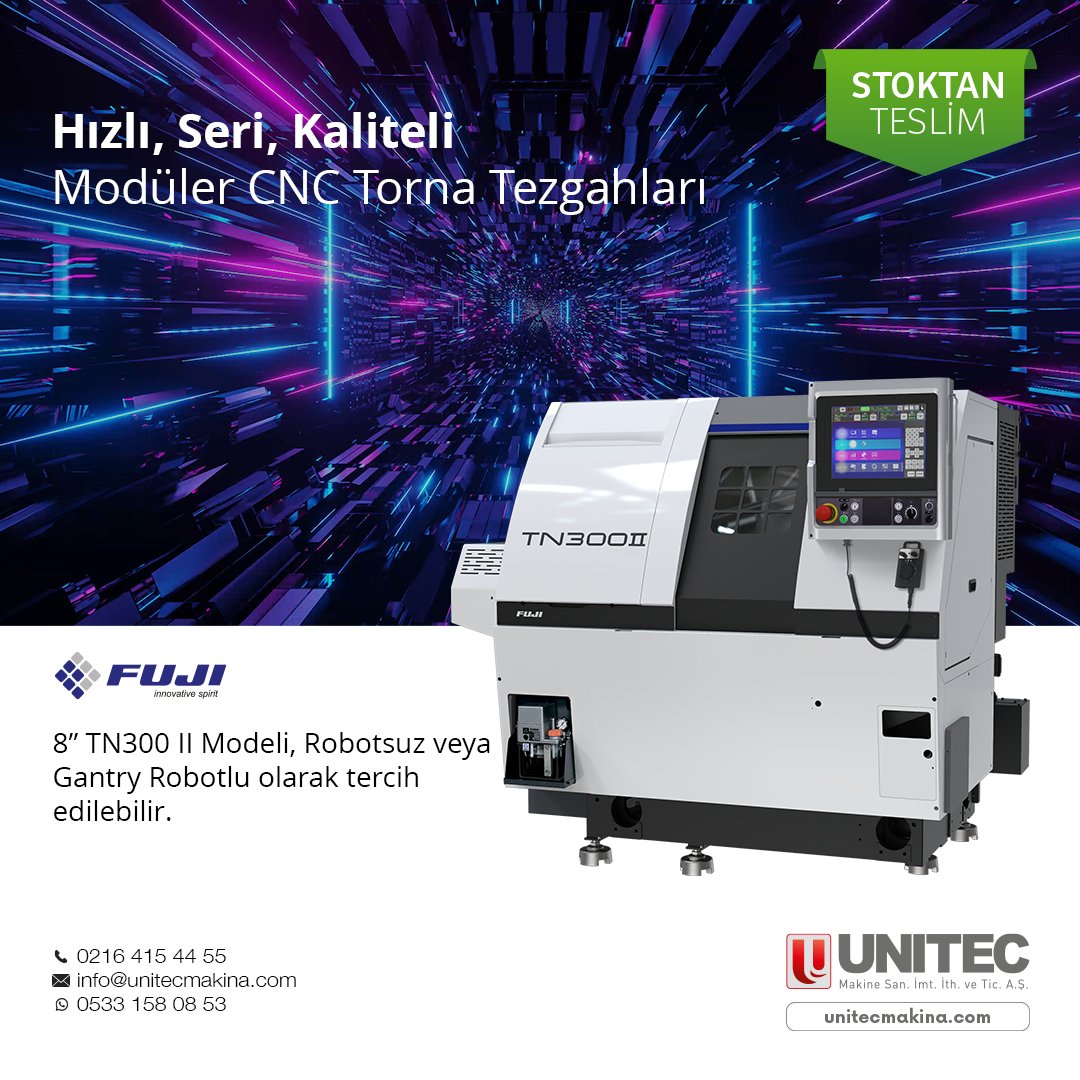 Hızlı, Seri, Kaliteli
Modüler CNC Torna Tezgahları

8” TN300 II Modeli, Robotsuz veya Gantry Robotlu olarak tercih edilebilir.

0216 415 44 55
info@unitecmakina.com
WhatsApp: 0533 158 08 53

#metalişleme #unitecmakina #metalworking #cnctezgah #cnctorna