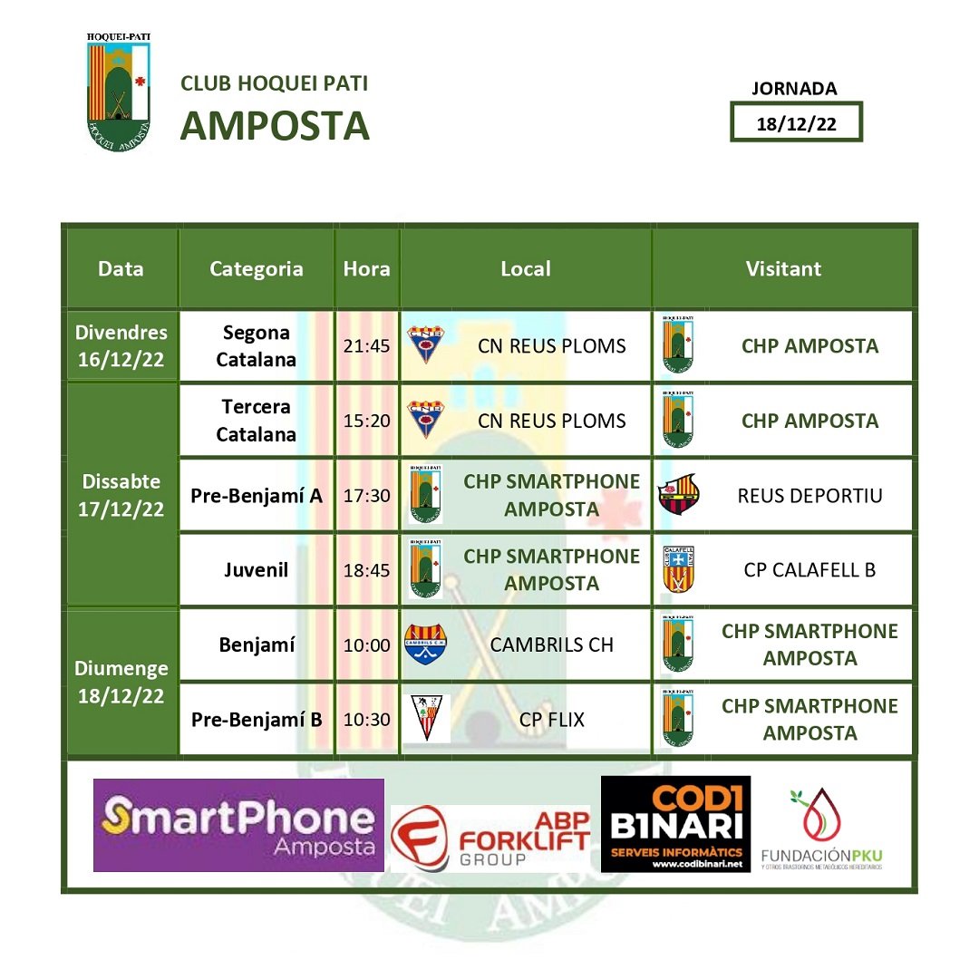 HoqueiAmposta's tweet photo. Darrers partits #hoquei 🏑 del 2022!!
#ChpAmposta 🟢⚫️
#ChpSmartphoneAmposta
#AdnAmposta
#AbpForlift @JordiBayo1971 
#codibinari
#fundacionpku https://t.co/LX30OmOIWu