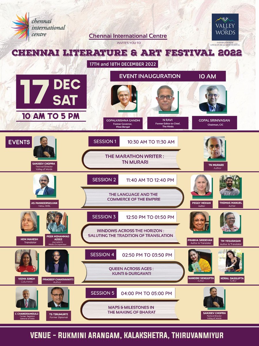 #ChennaiInternationalCenter &amp; <a href="/vowlitfest/">Valley of Words Shabdavali</a> invites you to the "Chennai Literature &amp; Art Festival (2022)", Inauguration by #GopalkrishnaGandhi <a href="/nravi_ind/">N. Ravi</a> <a href="/GopalSri/">Gopal Srinivasan</a> 

Venue : #Kalakshetra - Rukmini Arangam

#CICEvents <a href="/CIC_Chennai/">Chennai International Centre</a>