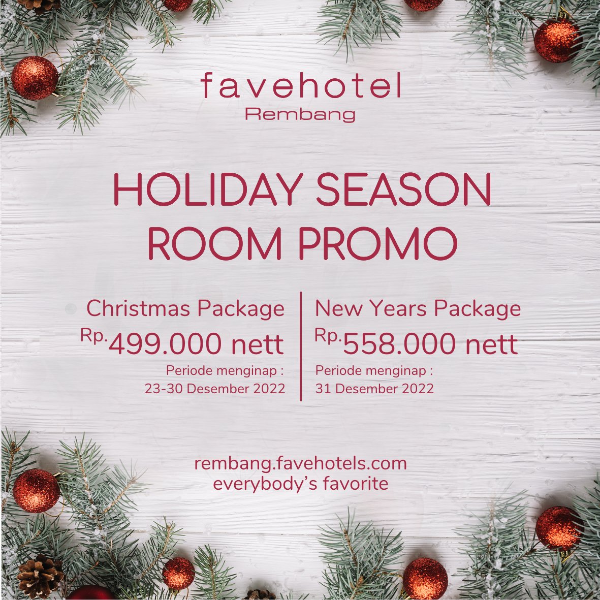 Halo favepeople!
Gimana, sudah ada plan malam natal &amp; tahun baru?

Mulai dari 400 RIBUAN aja, kalian bisa menginap di Superior Room dan sudah termasuk sarapan dan makan malam untuk 2 orang loh...

Informasi &amp; pemesanan:
0295 693 030 (WA) / 0813 8511 2434 (Juna)

#orangrembang