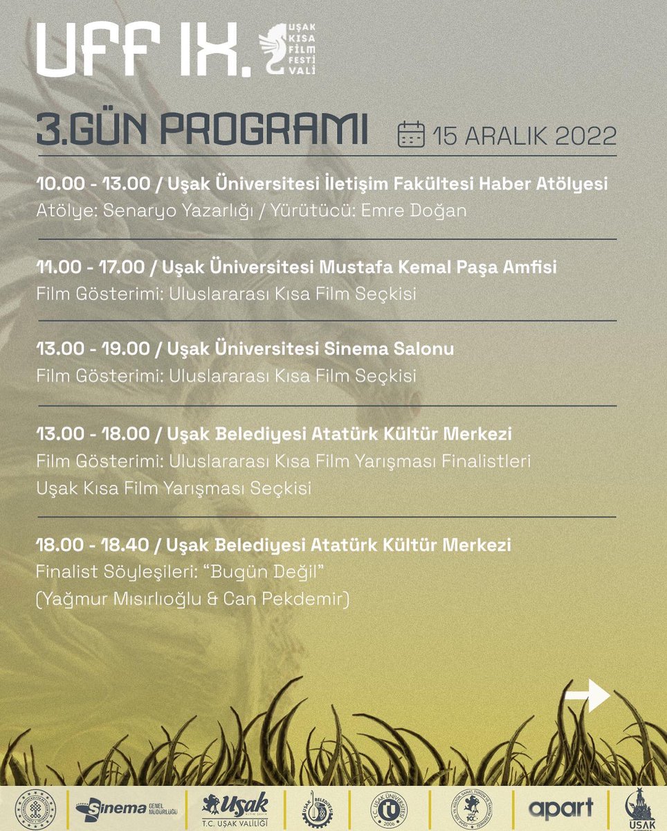 KanatliDenizati's tweet photo. 13-21 Aralık tarihlerinde gerçekleşecek Uşak Kısa Film Festivali’nin detaylı programına https://t.co/unqcUS8D1p   adresinden ulaşabilirsiniz. 💫

#UFF2022 #usakkısafilmfestivali #tckültürveturizmbakanlığı #sinemagenelmüdürlüğü https://t.co/VP1BQSfXRO