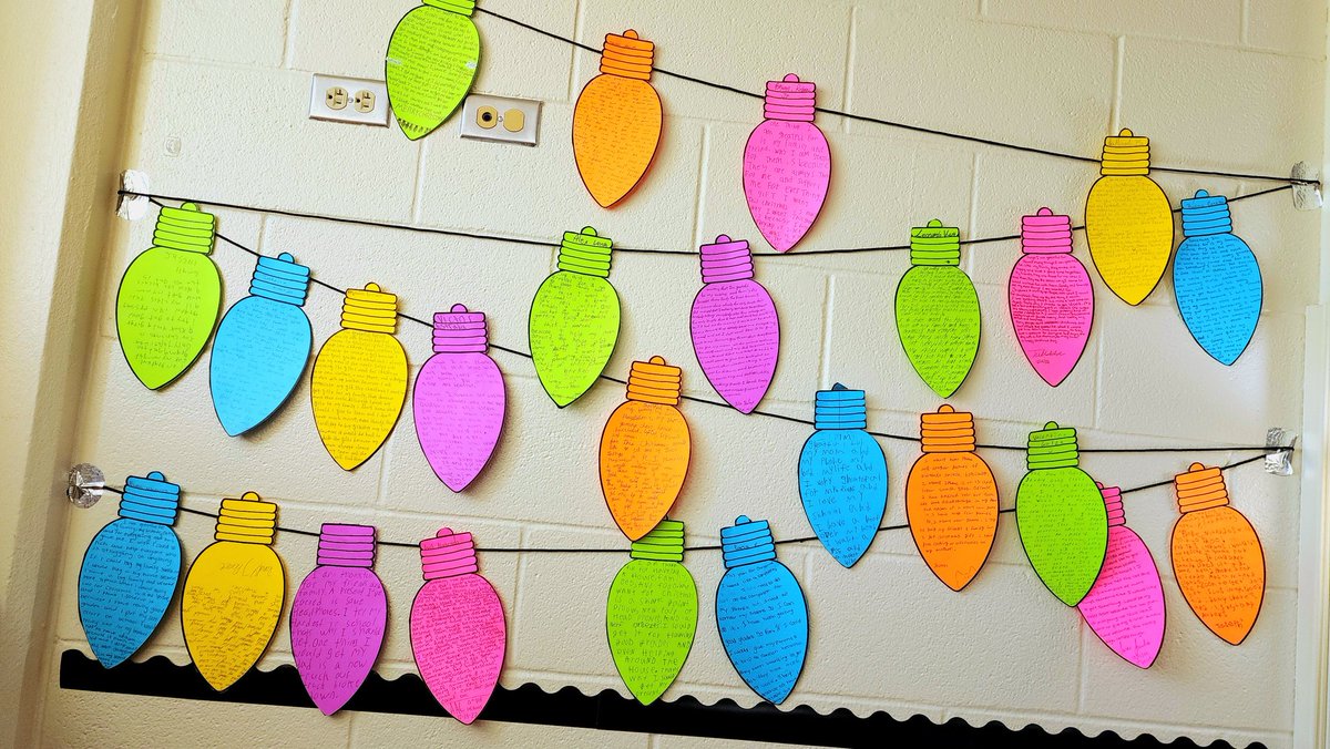 MsRivasELD's tweet photo. Didn't finish putting the rest up but thought student writing looked really cool so far.  (festive Holiday lights) https://t.co/aUXJGSC8KR