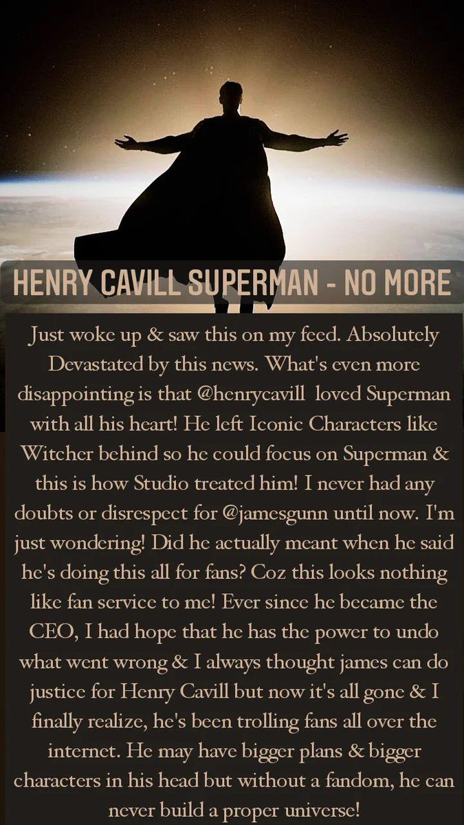 Syed_HumayunAz3's tweet photo. We asked for one thing! Just One fvcking thing! 
I'm not even going to say "bring back Henry Cavill". I'm just heart broken at this point &amp; I hope they never touch Henry Cavill again. That's A Big loss for Studio right there! The least james can do rn is tweet 
" I'M SORRY " https://t.co/oFQVJ557es