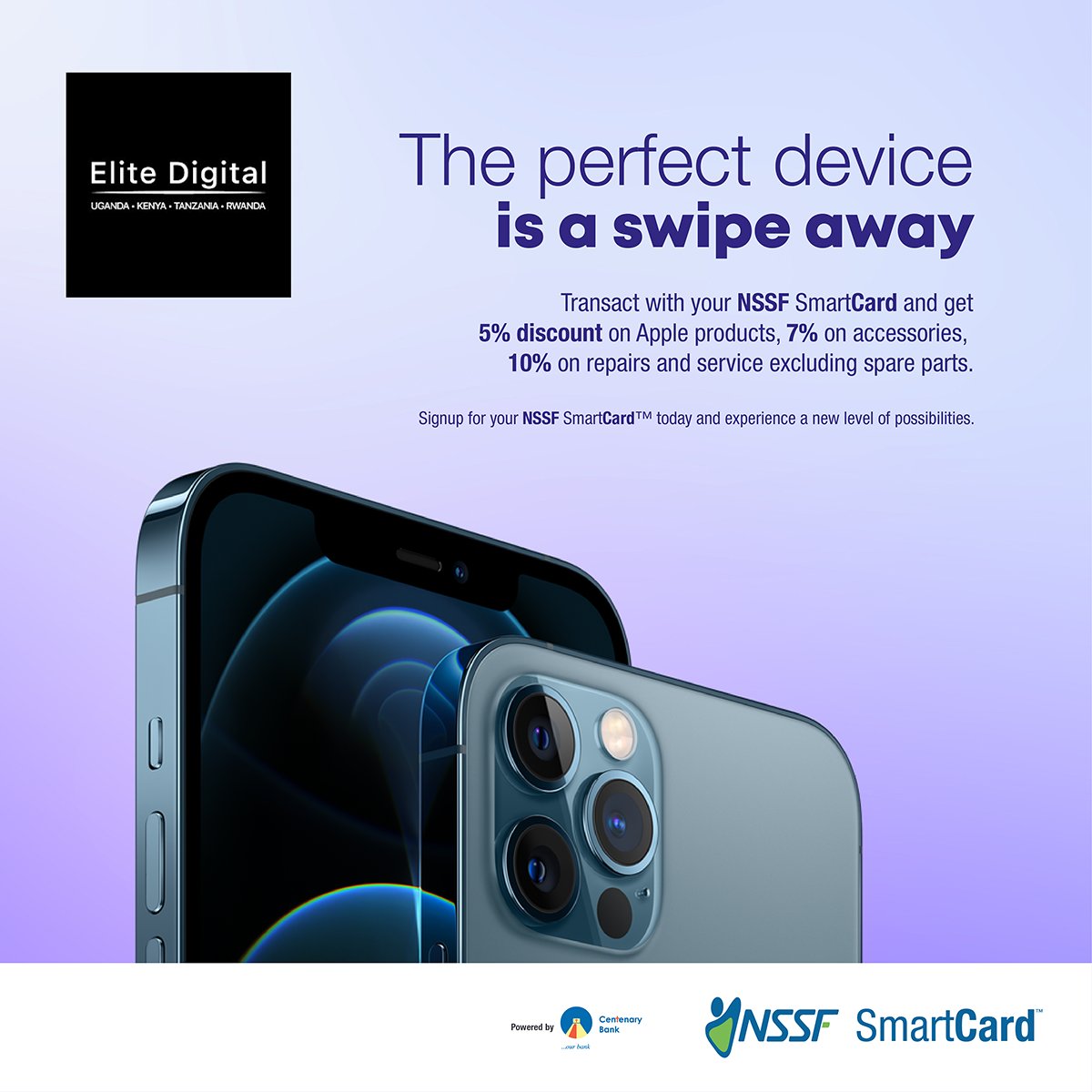 nssfug's tweet photo. Get up to 10% discount on Apple devices, repair and service from @EliteDigitalUG when you shop with the NSSF Smart Card. Visit https://t.co/bXukJnEWRW to check out offers and sign up for the Smart Card at Worker's House or any @CentenaryBank branch. https://t.co/JUgk5sW77j https://t.co/yCcbdR7IXb