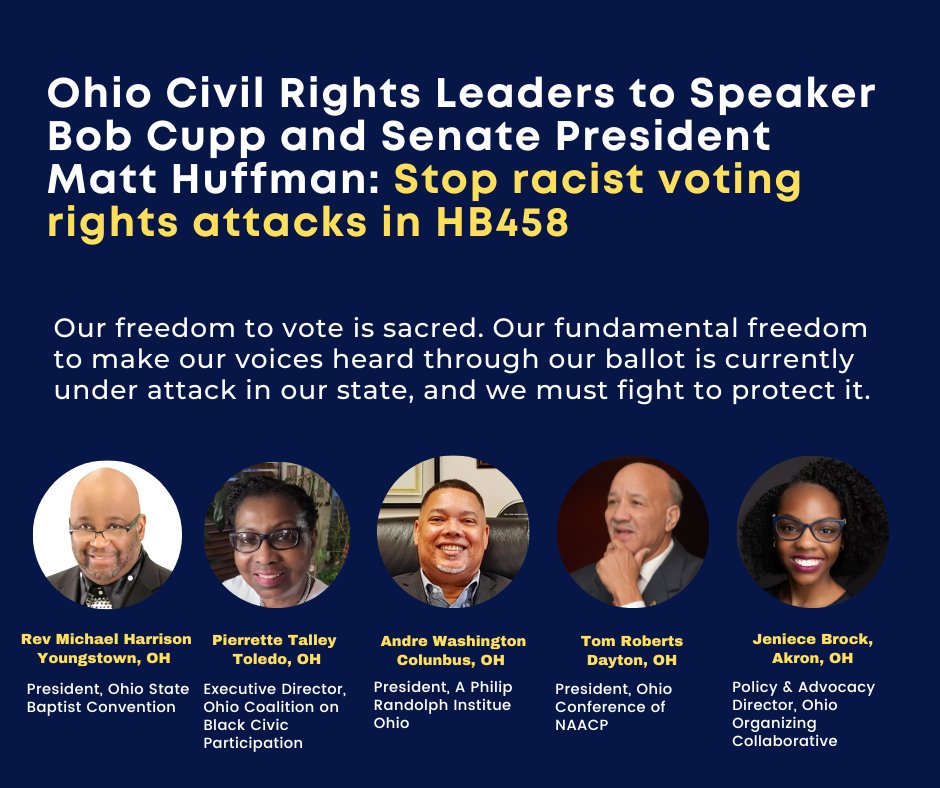 🚨 URGENT Read this letter from Ohio civil rights leaders demanding Ohio House <a href="/SpeakerCupp/">Speaker Bob Cupp</a>  &amp; Senate President Senator <a href="/matthuffman1/">Speaker Matt Huffman</a>  stop attacks on our #FreedomtoVote in HB458