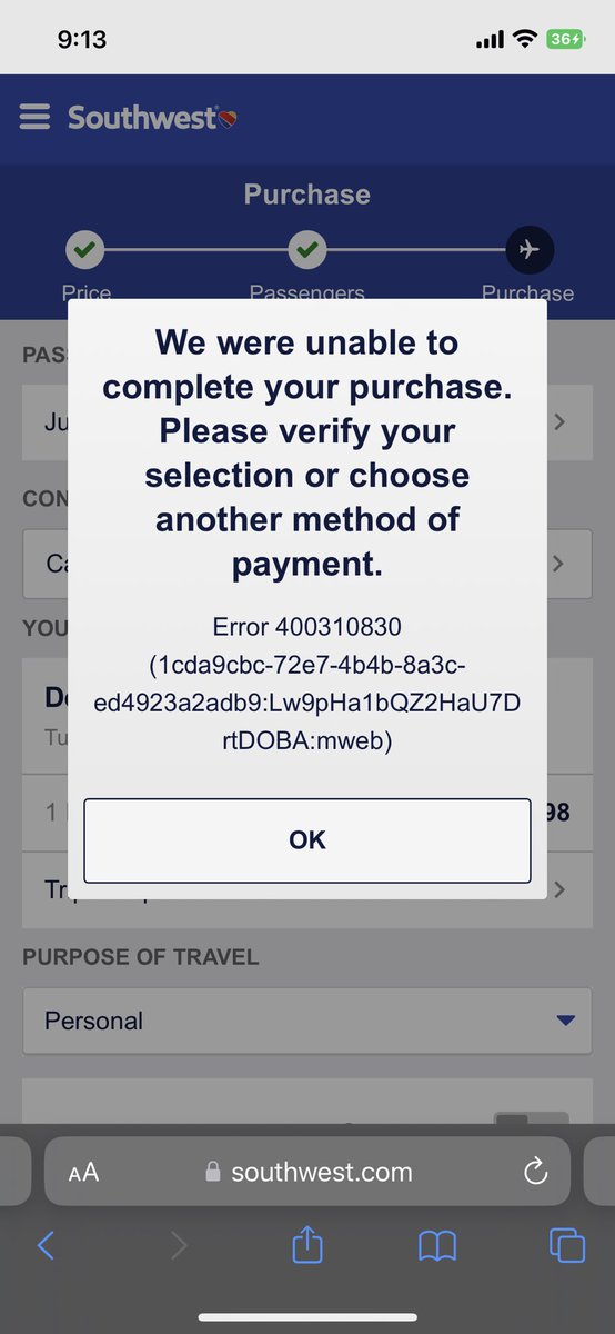 zionsteele1's tweet photo. @SouthwestAir my purchase won’t go through and my card has nothing wrong with it. What do I do?😩 https://t.co/LoNZSI1y1w