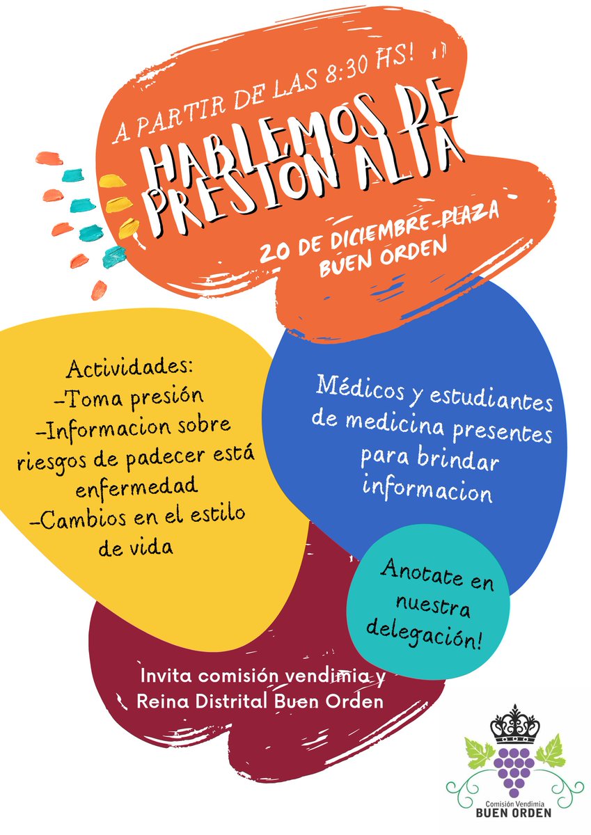 Buenas!! 
En Buen Orden, San Martín, empezamos una campaña para detectar el primer factor de riesgo para padecer enfermedades cardiovasculares, la hipertensión!
Estaremos el día 20 de diciembre a las 8:30 hs en la plaza del distrito!