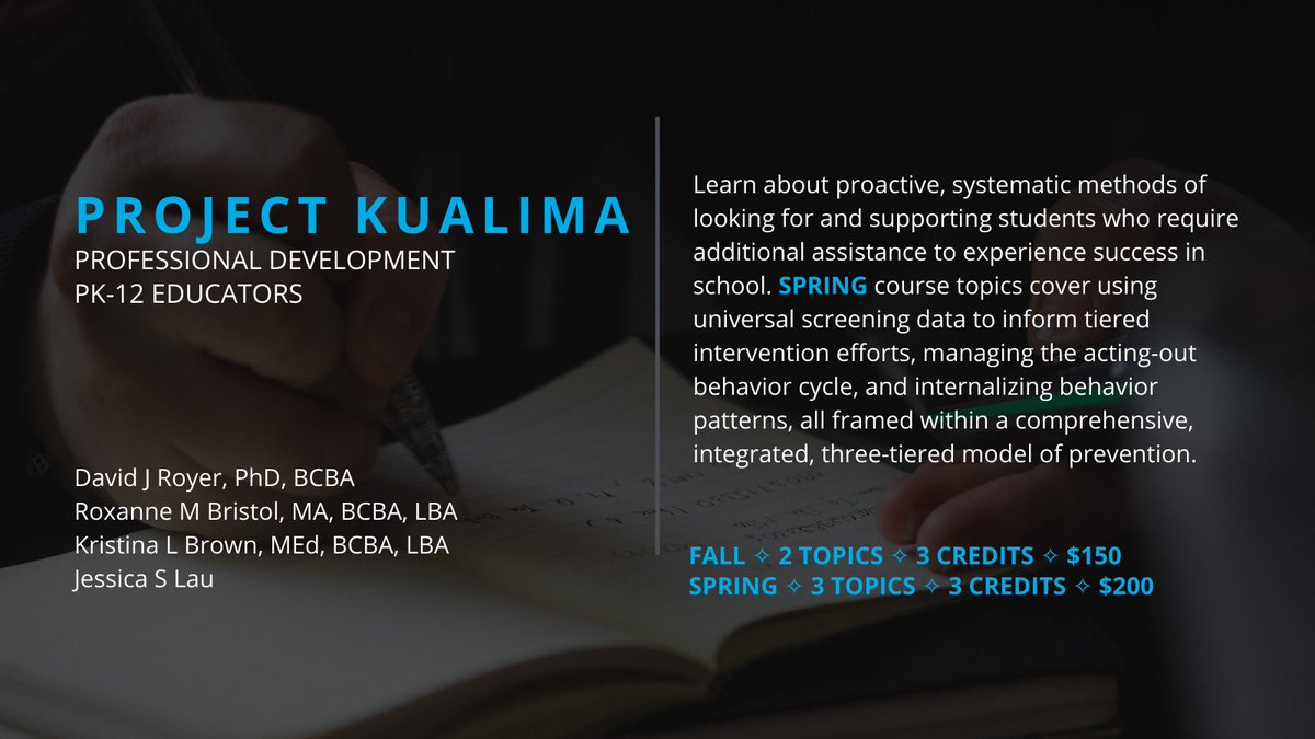✨✨SPECIAL FEATURE: PROJECT KUALIMA✨✨
Check out the spring 2023 Project KUALIMA course in PDE3! Managing the acting-out behavior cycle, internalizing behavior patterns, and more! Visit 
pde3.k12.hi.us and search "KUALIMA"