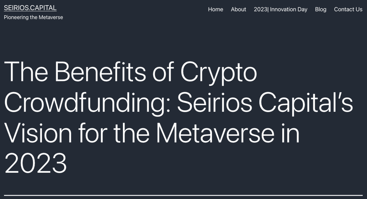 seirioscapital's tweet photo. https://t.co/lU9IZzQMWO Unlock the power of crypto crowdfunding! Check out our article to learn more about the benefits of crypto crowdfunding and our vision for the metaverse in 2023. #CryptoCrowdfunding #SeiriosCapital https://t.co/vDxdk85kwc