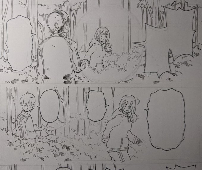 夜の暗い森と懐中電灯の明かりを仕上げでうまく表現できたらいいな。 