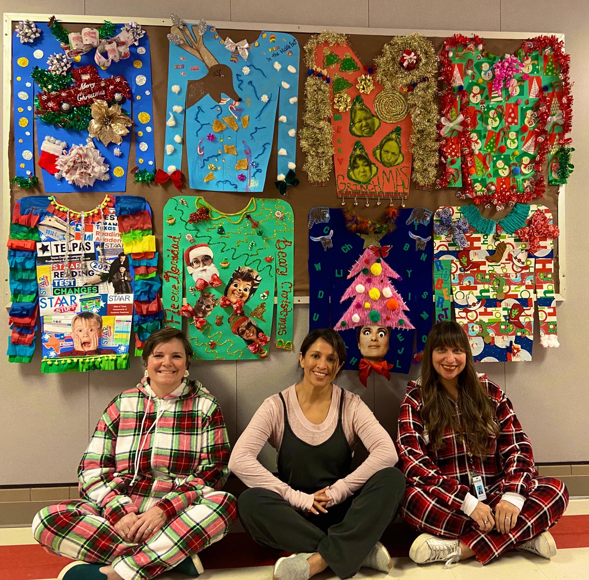 loretts25's tweet photo. Our team entries for our tacky sweater contest @RobertsonElem are seriously amazing. Who will win the prize? Update coming soon! @principalborel @RoundRockISD #facultyfun https://t.co/mkIWMpON2U
