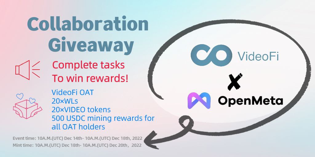 videofi_js's tweet photo. 🎉🎉Collaboration Giveaway with @OpenMeta_NFT
🌠🌠Join the celebration for OAT #freemint champaign on #zkSync blockchain
⌛️Date - Dec 14th- Dec 18th
🔜Event page -
https://t.co/AfSNIXcWo8
💰Rewards -
#VideoFi OAT + #VideoFi Tokens + $500 $USDC Mining rewards🌈 https://t.co/mvjcMqKljf
