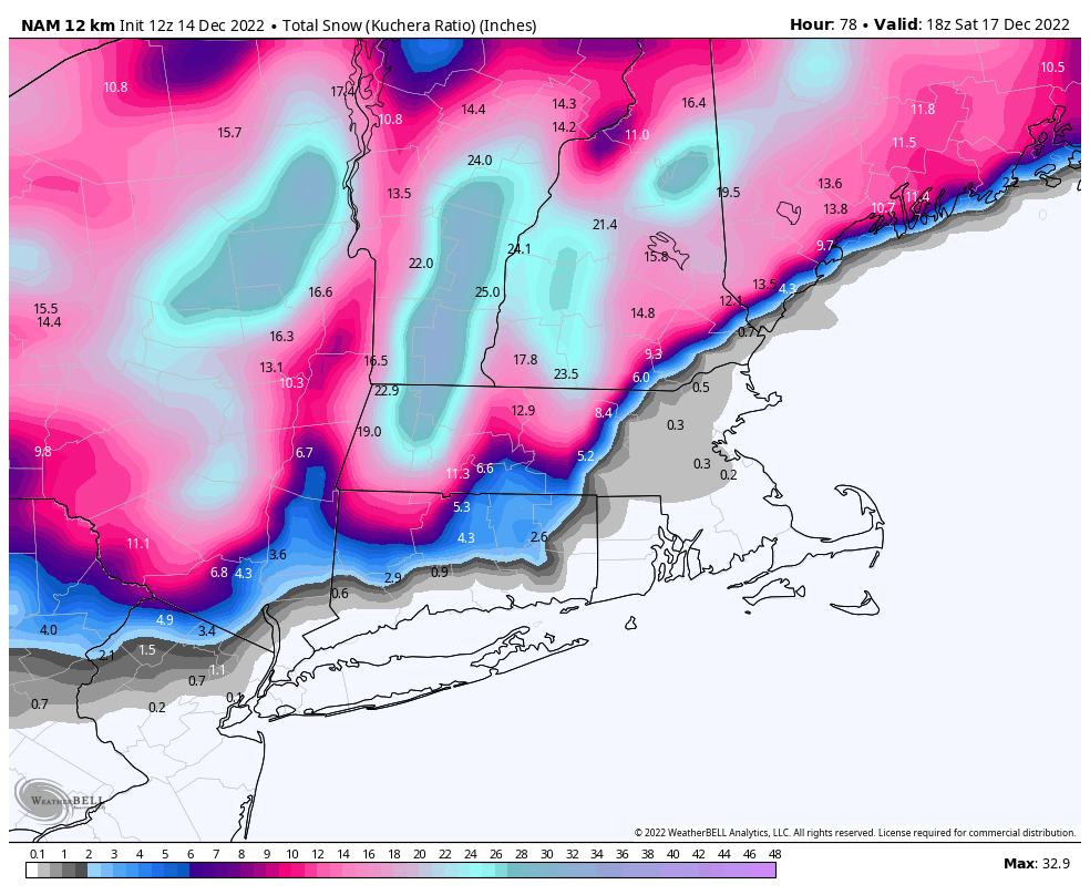 PeteNBCBoston's tweet photo. Model chat:

We started the day with the NAM forecasting 3ft in parts of VT/W. MA. We finish the day with a mere 18-20 inches. https://t.co/QoyCwL5MNV