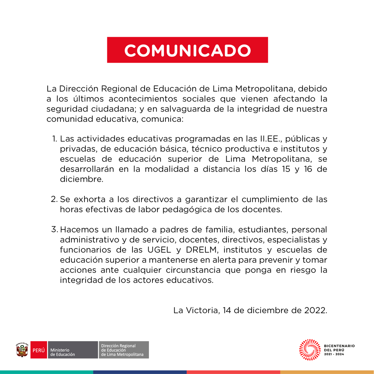 MineduPeru's tweet photo. #Comunicado | Debido a los hechos que vienen ocurriendo en el país, informamos a la comunidad educativa lo siguiente: https://t.co/vBhvg7PDlX