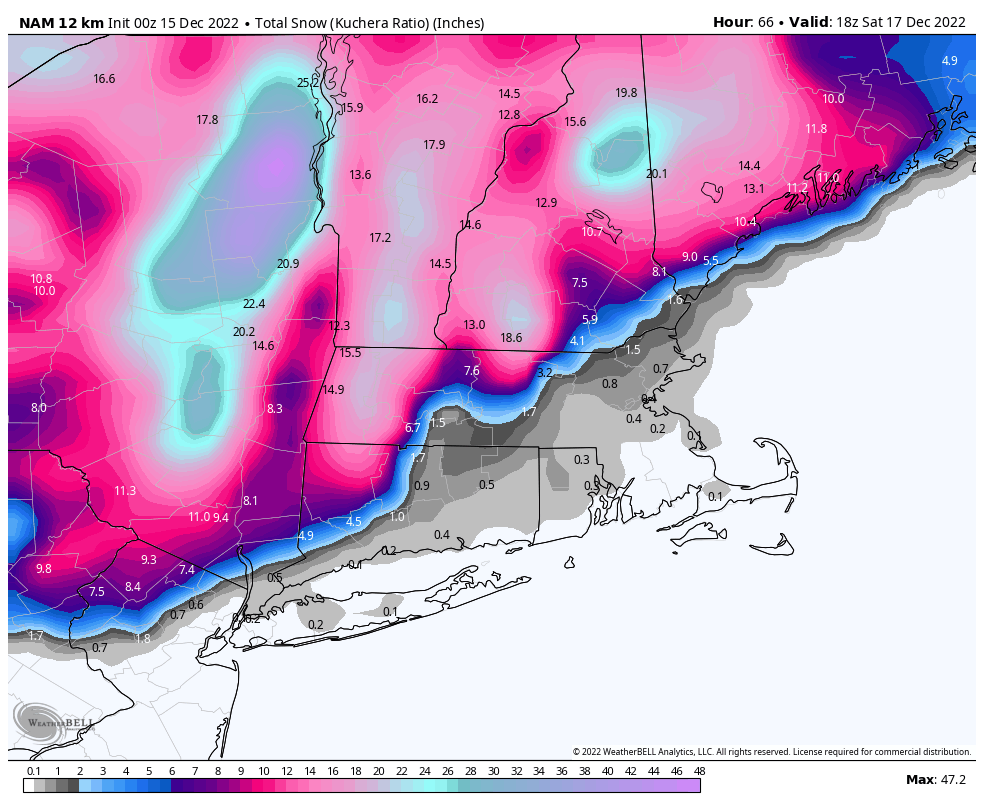 PeteNBCBoston's tweet photo. Model chat:

We started the day with the NAM forecasting 3ft in parts of VT/W. MA. We finish the day with a mere 18-20 inches. https://t.co/QoyCwL5MNV