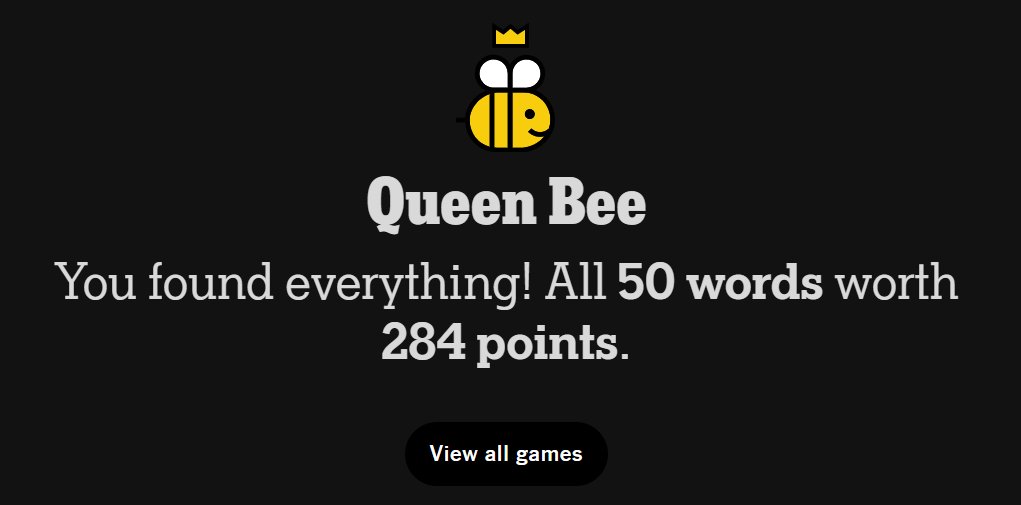 Ragarath98's tweet photo. Day 333, 334 and 335: I had an exam today and I think I failed miserably... So tired. I'm going to sleep, tomorrow will be a new (and hopefully better) day
#spellingbee #Nytspellingbee  #nytsb #hivemind https://t.co/M9BNFuwPTT