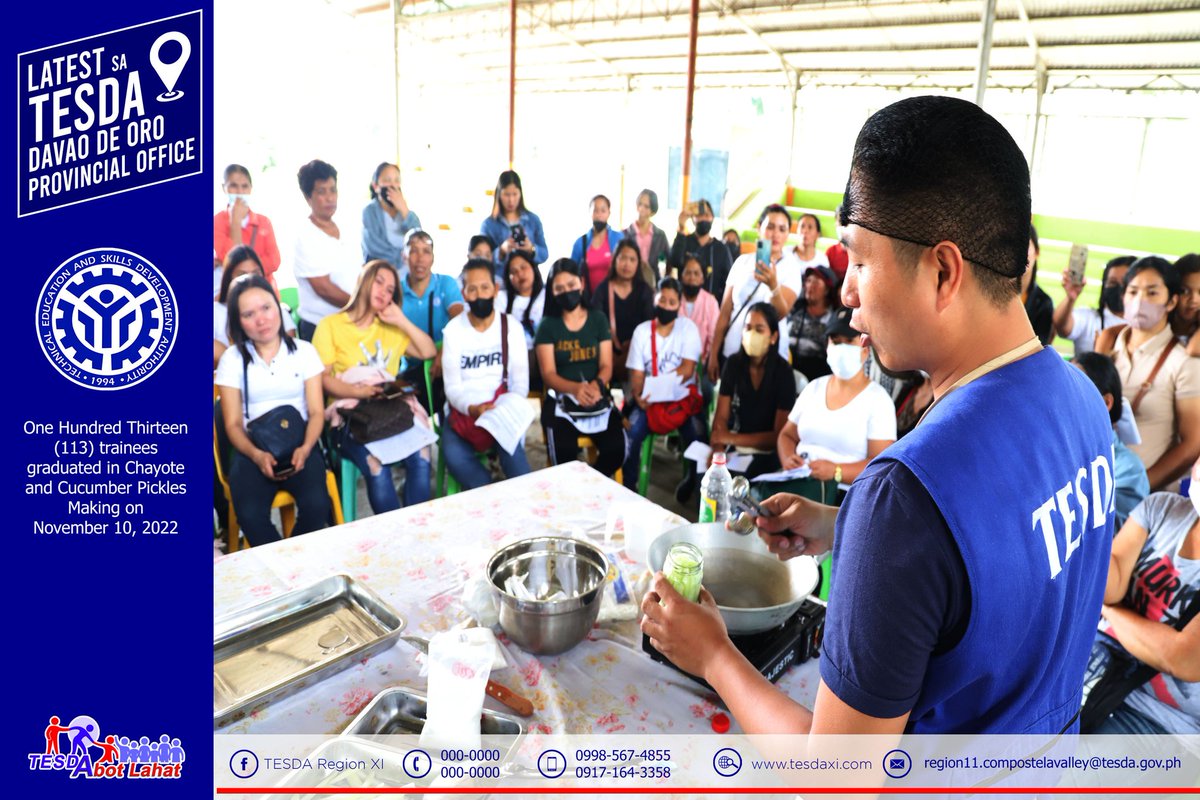 tesdaofficial's tweet photo. Congratulations to the 113 scholars who graduated from their community-based skills training in Chayote and Cucumber Pickles Making conducted by TESDA Region XI.
The graduates also received their training certificates during the graduation ceremony.
#LevelUpSaTESDA https://t.co/oOXEB11hKC