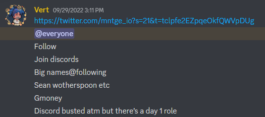 necrosbeach's tweet photo. How early did you guys find @mntge_io ? Here's when our resident researcher @Chunkyvert found it for us. https://t.co/d42dooMaBe
