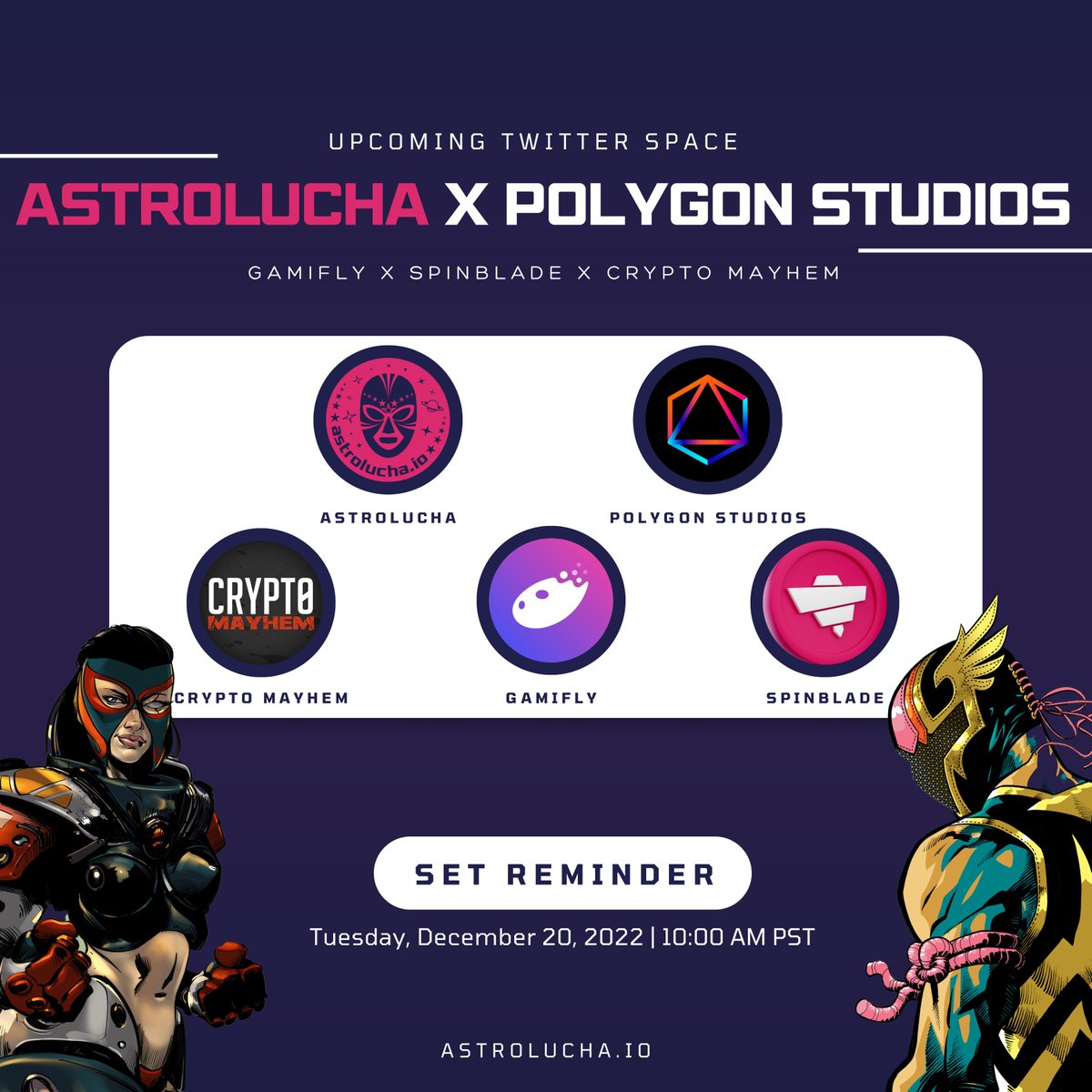 astrolucha's tweet photo. 👀 Want to explore the intersection of gaming &amp; blockchain tech? Say no more.⬇️

➡️ We're thrilled to tag-team with @PolygonStudios &amp; other marvelous web3 gaming projects &amp; dive into the world of game blockchain!🤝

Set your reminder now!⏰ #onPolygon 

https://t.co/XAg1PpqDYB https://t.co/qKyT9w212m