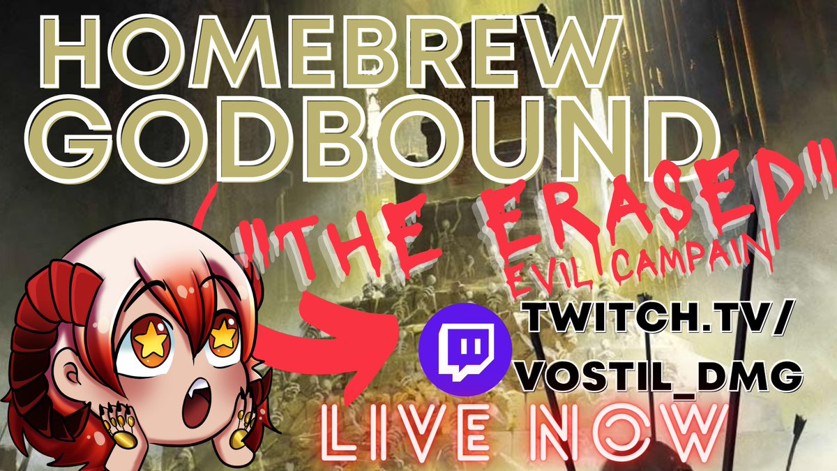 Vostil_dmg's tweet photo. 🔴WERE ON🔴
🎊Welcome in adventures time for The Erased campaign!🎊
If you have been wanting to see some #godbound content or #dnd content lately here ya go GO WATCH IT!
come stop by if you want link in replies!
#vtuber https://t.co/waT5Tpet6R