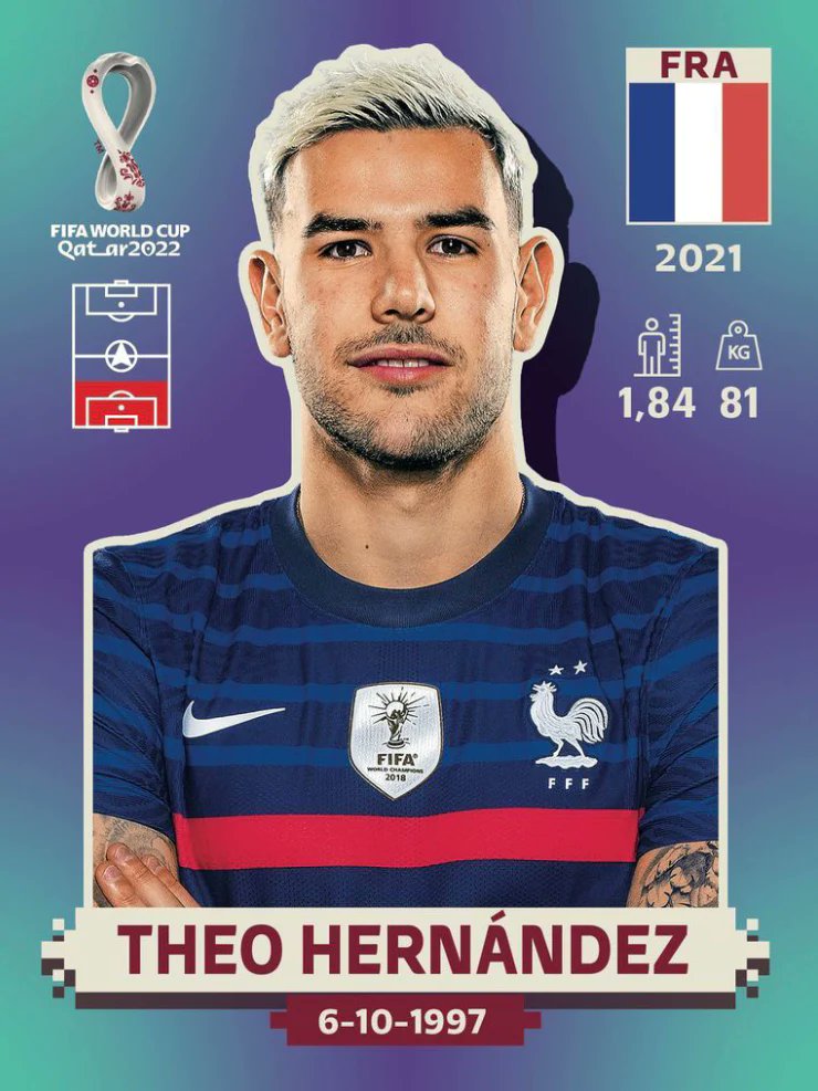 CopaLendas's tweet photo. Theo Hernández, França 🇫🇷.
França 🇫🇷 2 x 0 🇲🇦 Marrocos.
Copa do Mundo de 2022, Catar.
#hernández #france #worldcup2022 #copa2022 #fifaworldcup #légende #theo #lesbleus #fiertébleue #lescoqs #fff #albaytstadium #theohernández #fra #panini #qatar2022 https://t.co/sVpKCrsvPT