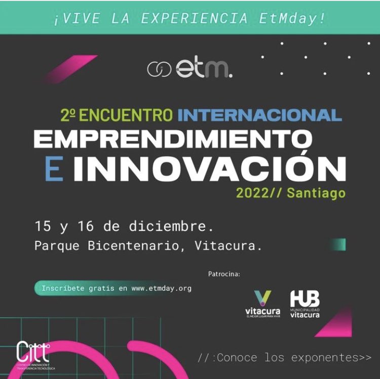 CITTDuocUC's tweet photo. Este 15 y 16 de diciembre estaremos en el 2° Encuentro Internacional de Emprendimiento e Innovación  #etmday 👏¡Participa de las actividades gratuitas y potencia tu emprendimiento! @DuocUC @Corfo 
#etmday2022 
Registrate en https://t.co/nAfCXXQ2Zt 👈 https://t.co/QD6VI5esNm