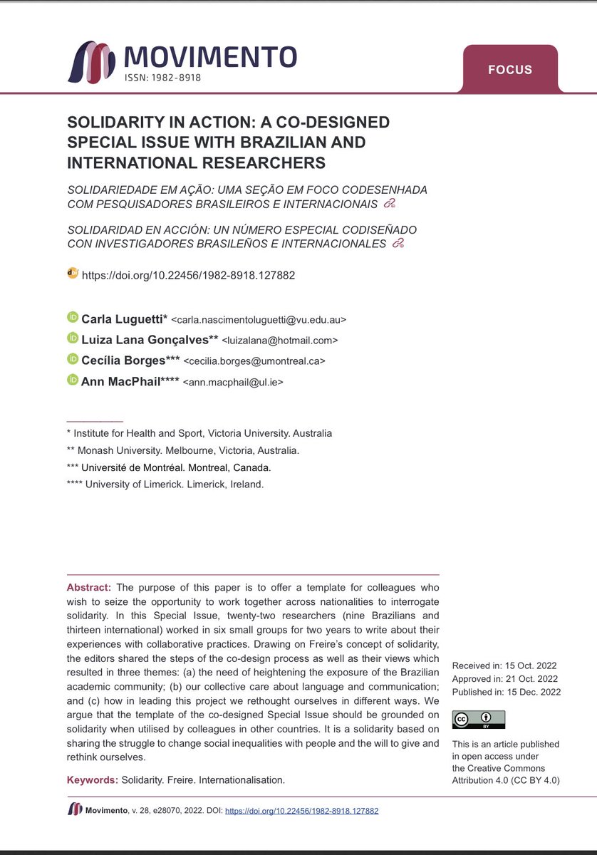 luizalana3's tweet photo. It is a dream coming true! Check the Special Issue https://t.co/8sLHrjsFgj about Collaborative CPD in PE on @MovimentoUFRGS. An amazing partnership between Brazilian and International researchers. Special thanks to @Borges_Ceci and @carlaluguetti that led this project with me. https://t.co/8UcgD9A1YW