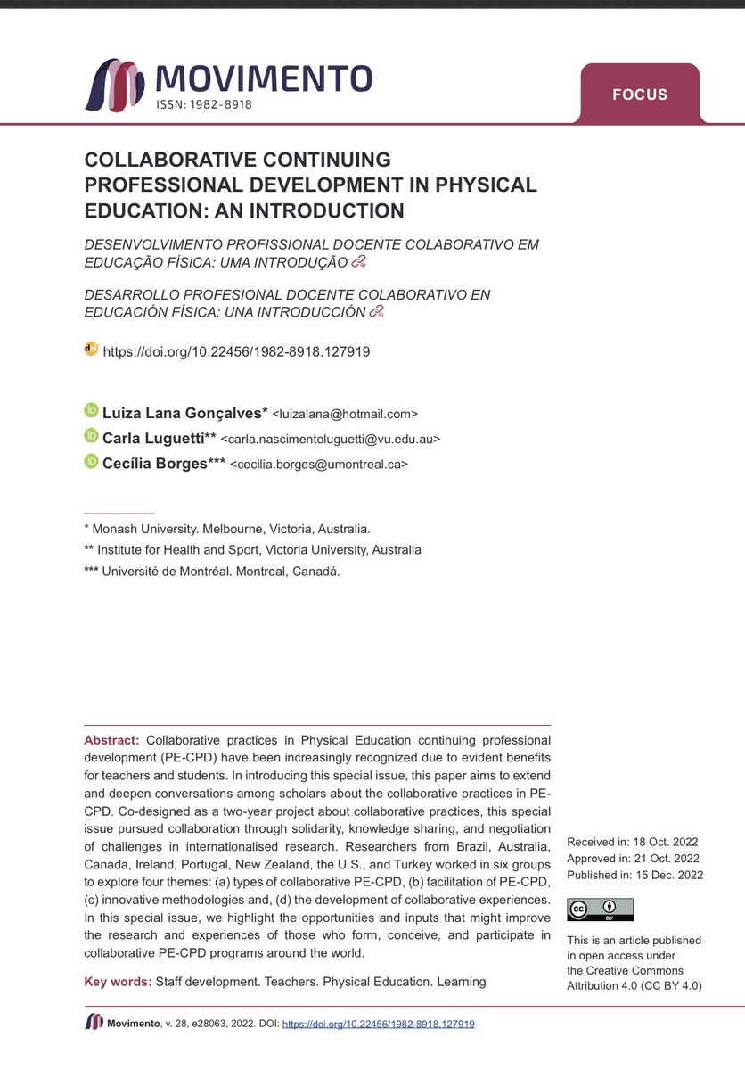 luizalana3's tweet photo. It is a dream coming true! Check the Special Issue https://t.co/8sLHrjsFgj about Collaborative CPD in PE on @MovimentoUFRGS. An amazing partnership between Brazilian and International researchers. Special thanks to @Borges_Ceci and @carlaluguetti that led this project with me. https://t.co/8UcgD9A1YW