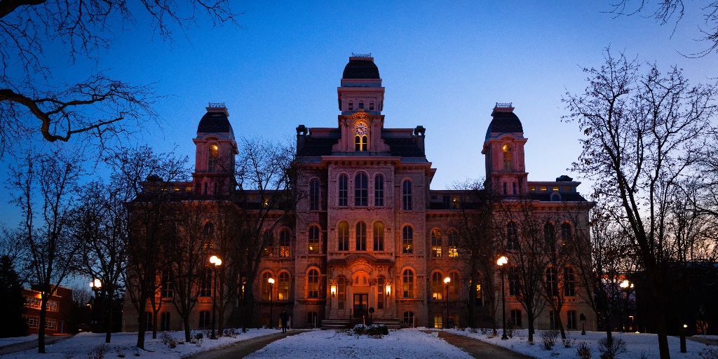 SyracuseU's tweet photo. The City of Syracuse is lit up orange this week for @CuseMSOC national championship win 🍊 https://t.co/NmP3FKg3Xe