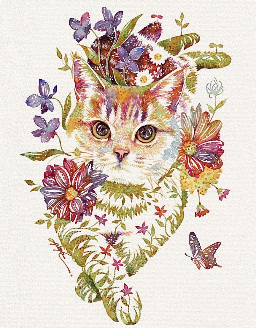 スミレ「透明水彩#猫 #ネコ #猫のいる暮らし #ねこ #スミレ #花 #水彩 」|タケダヒロキのイラスト